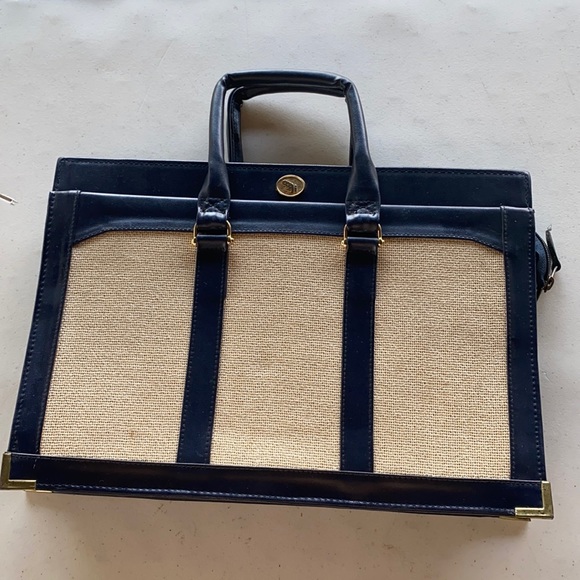 Blue and linen work bag. Gold accents. - Picture 3 of 10